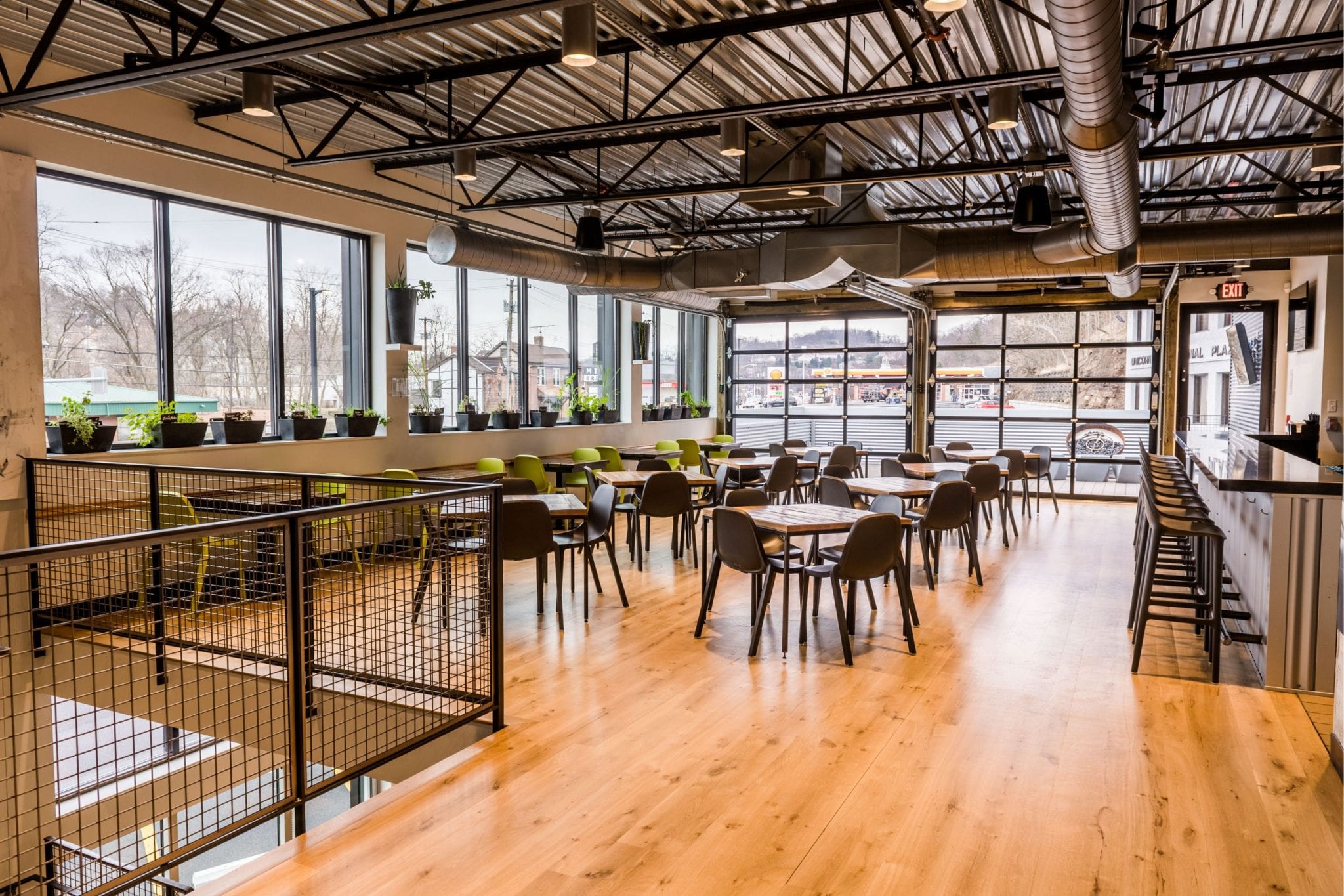 Mindful Brewing's upper level seating area and bar.