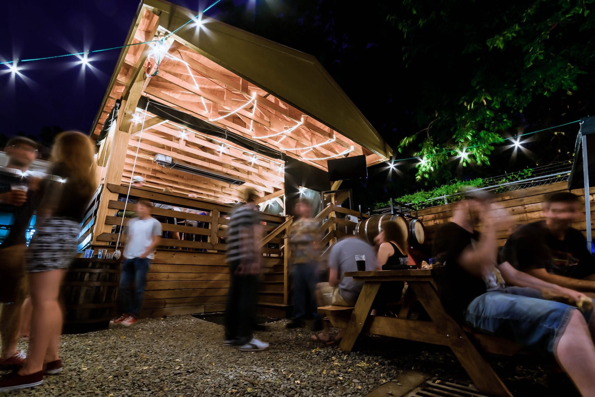 Grist House biergarden at night.